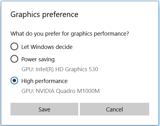 Graphics preference window