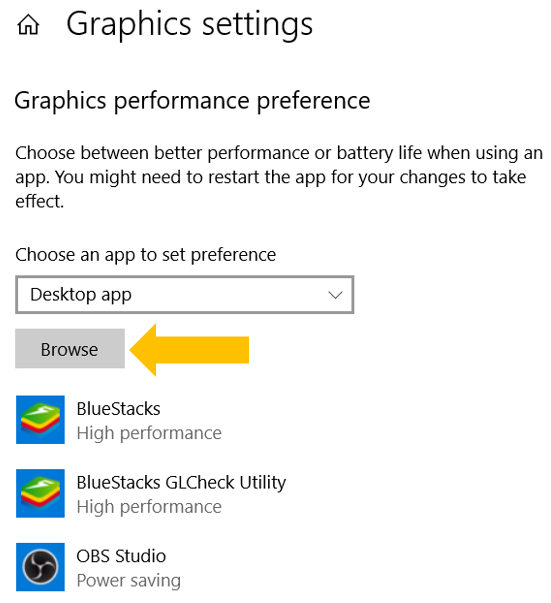 Graphics settings browse screen