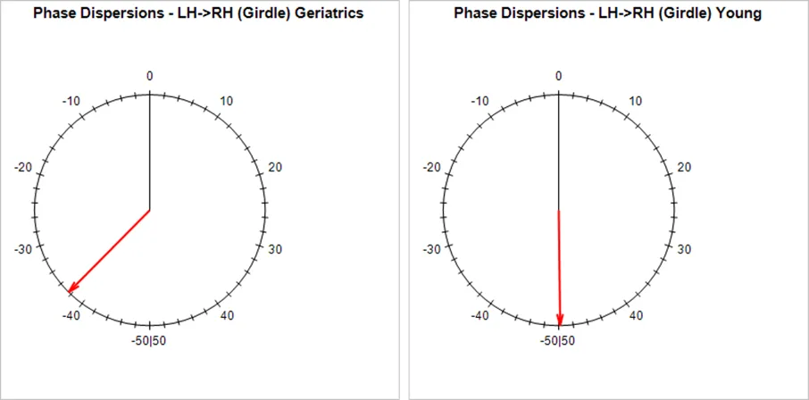Circular graph of the girdle LH to RH paw pair comparing young and geriatric mice